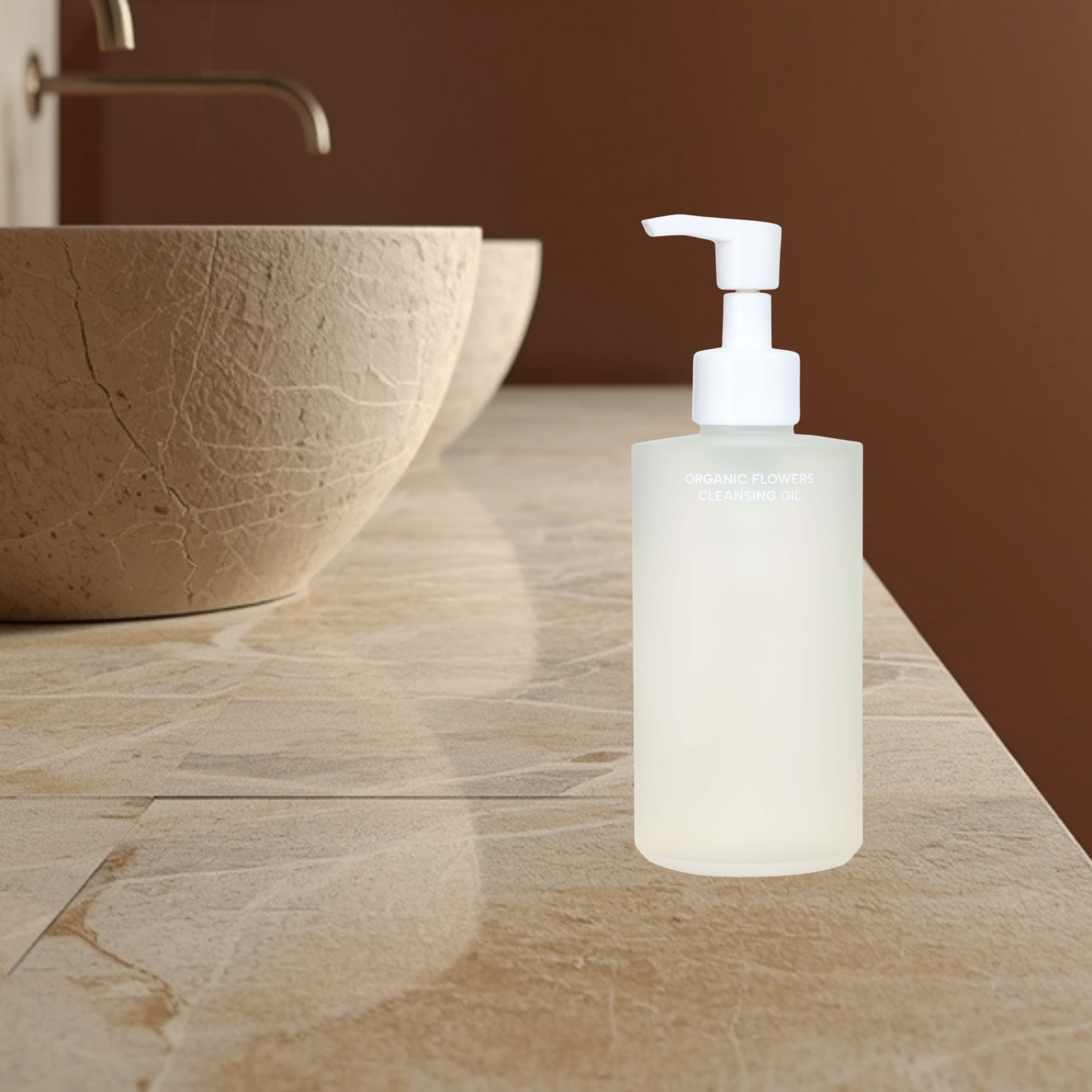 Whamisa organic flowers cleansing oil pump bottle on a bathroom counter with a brown sink and wall.