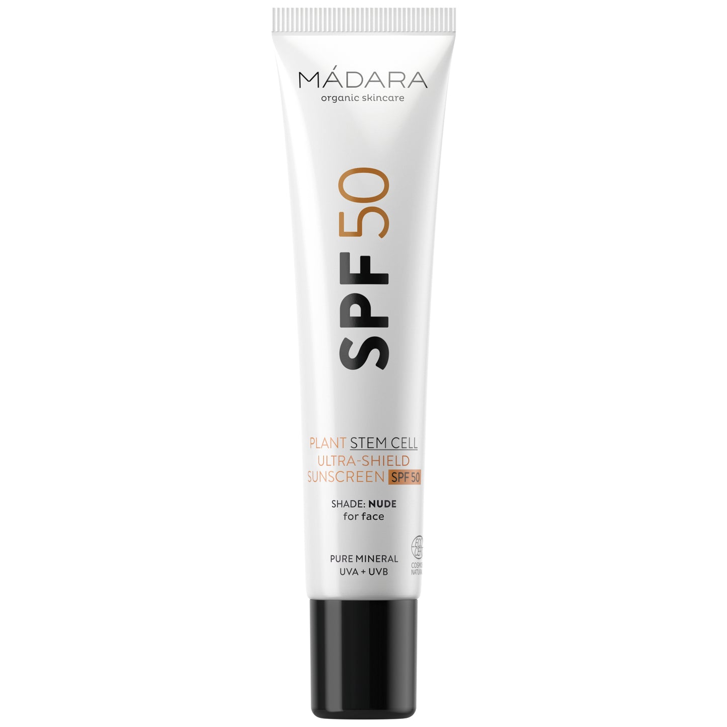 Mádara stem cell SPF 50 sunscreen tube on a white background