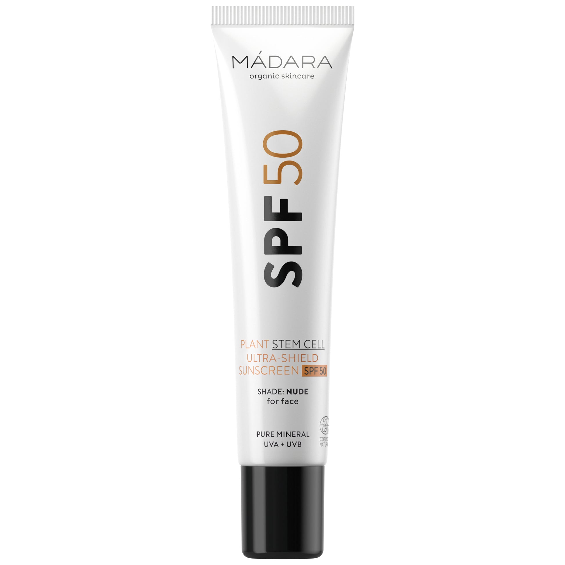Mádara stem cell SPF 50 sunscreen tube on a white background