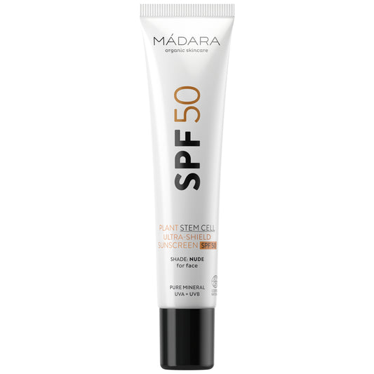 Mádara stem cell SPF 50 sunscreen tube on a white background