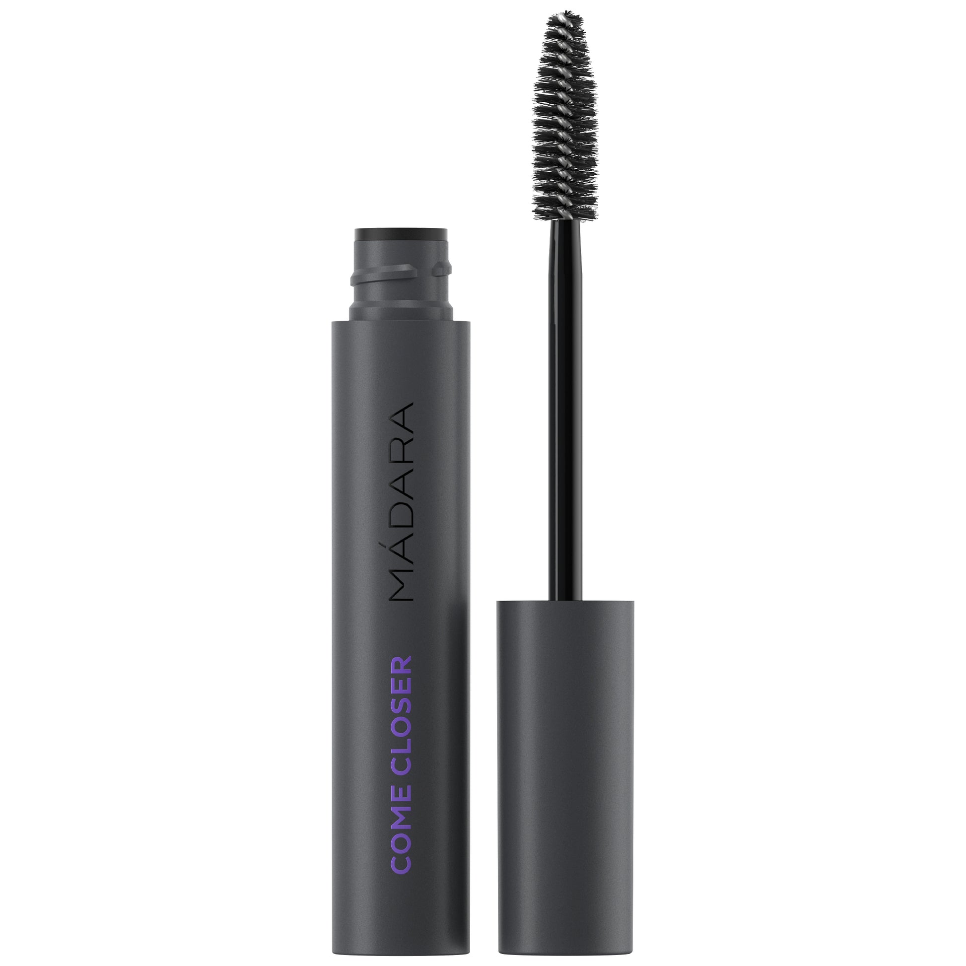 MADARA infinite mascara come closer with grey tube and brush on a white background