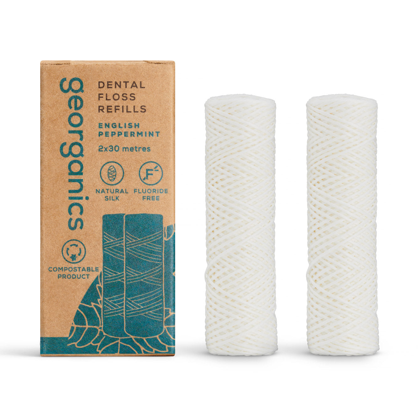 Georganics english peppermint dental floss refills with packaging on a white background