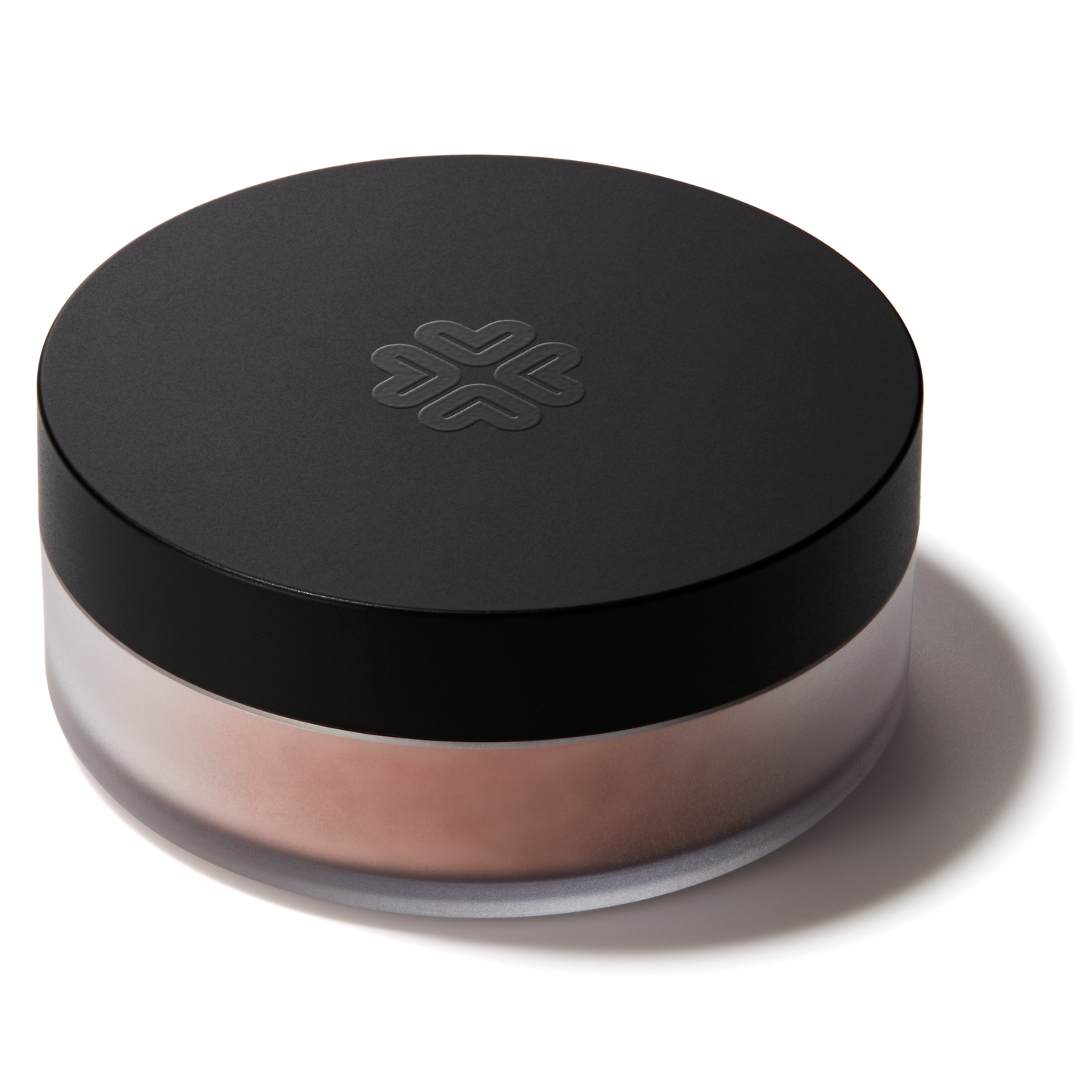 Mineral blush in a round container with a black lid on a white background