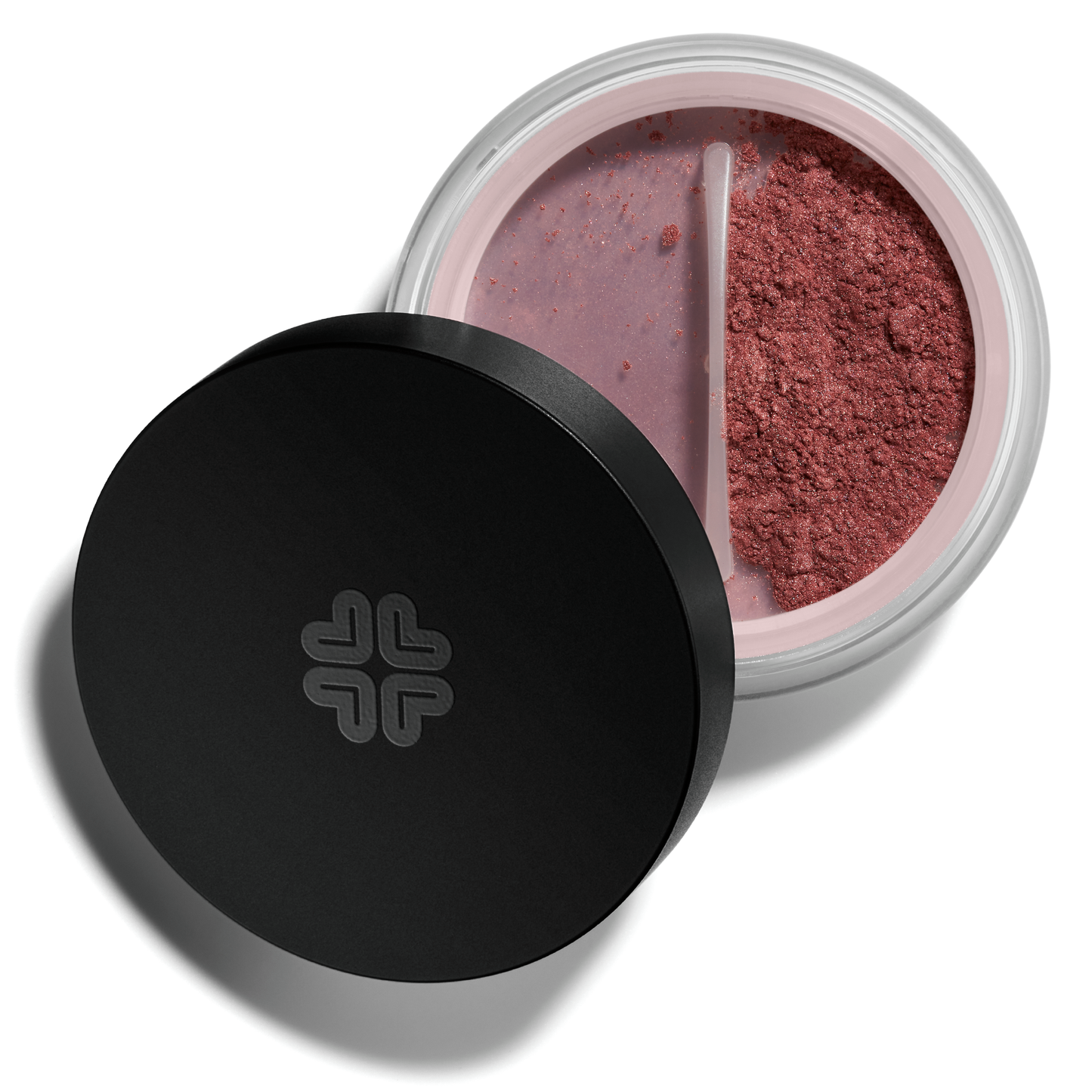 Open container of rosebud mineral blush with a black lid on a white background