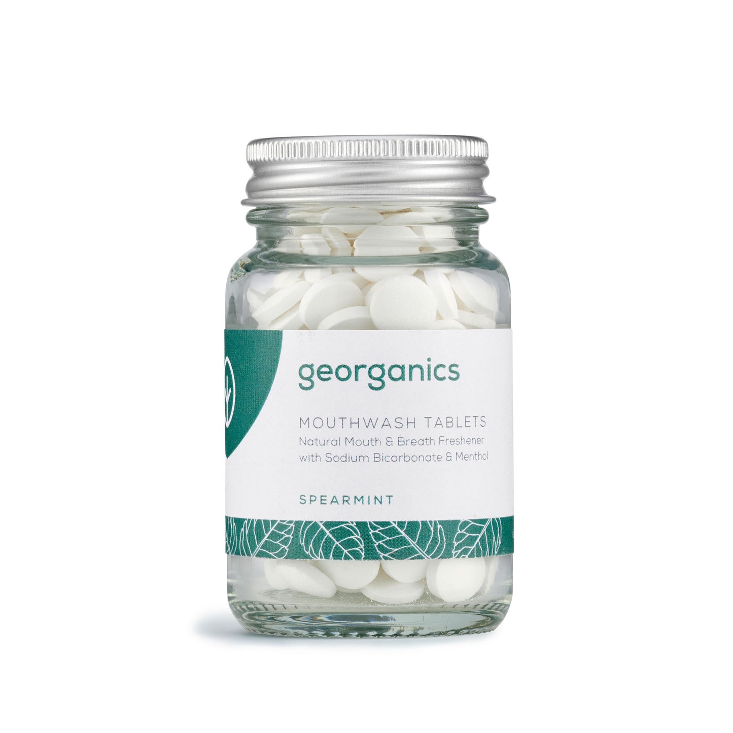 Jar of georganics spearmint mouthwash tablets on a white background