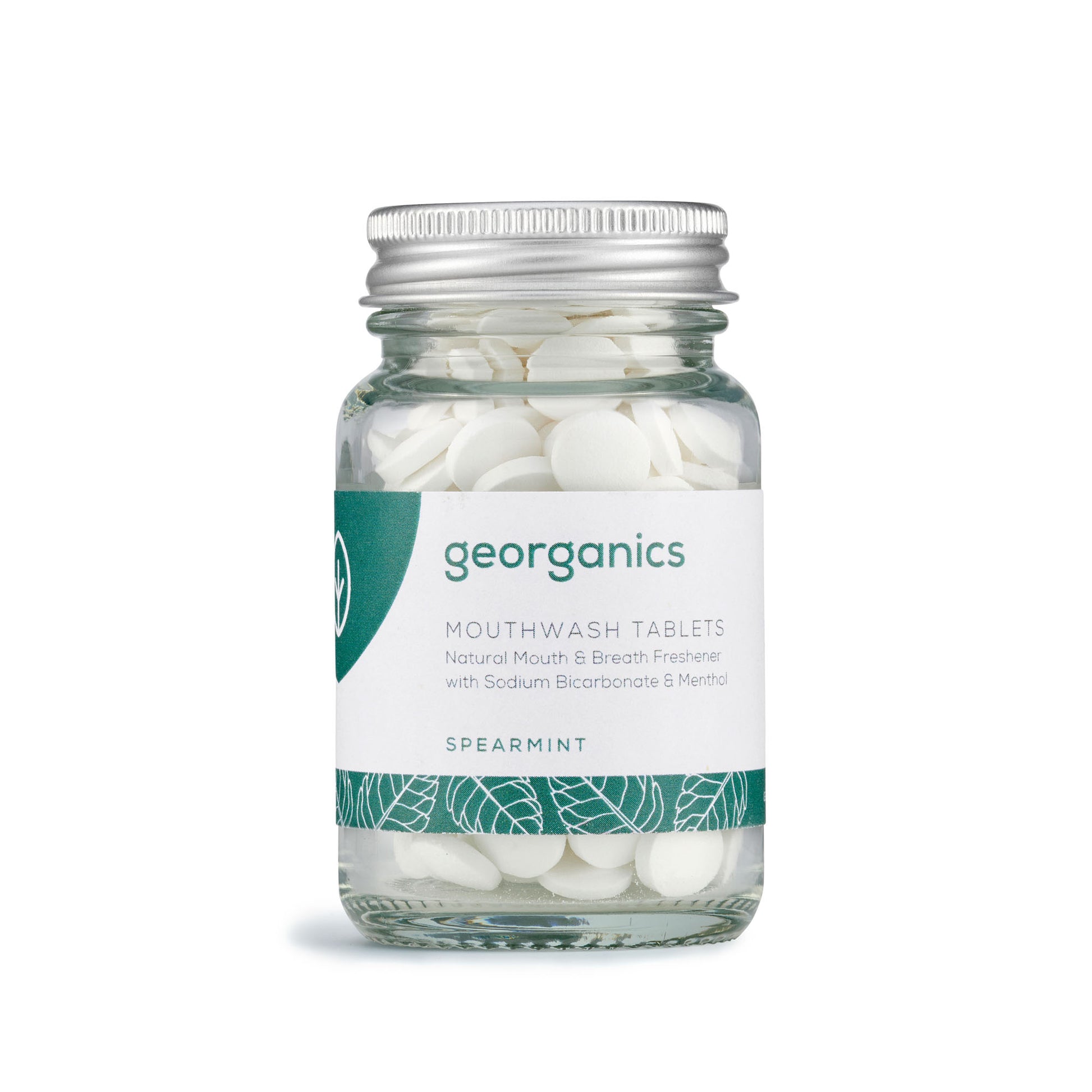 Jar of georganics spearmint mouthwash tablets on a white background