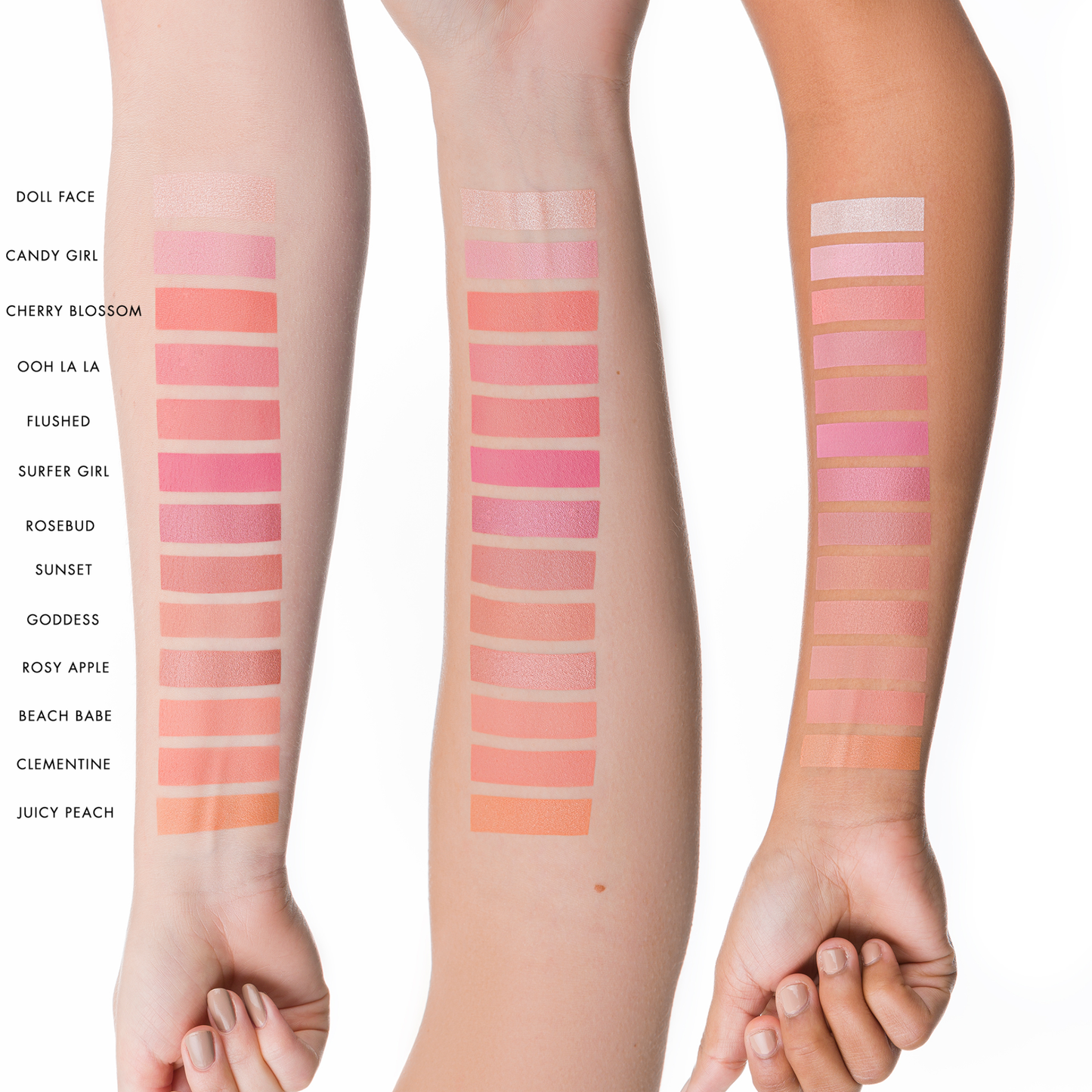Swatches of Lily Lolo mineral blush on a person's arm with color names listed.