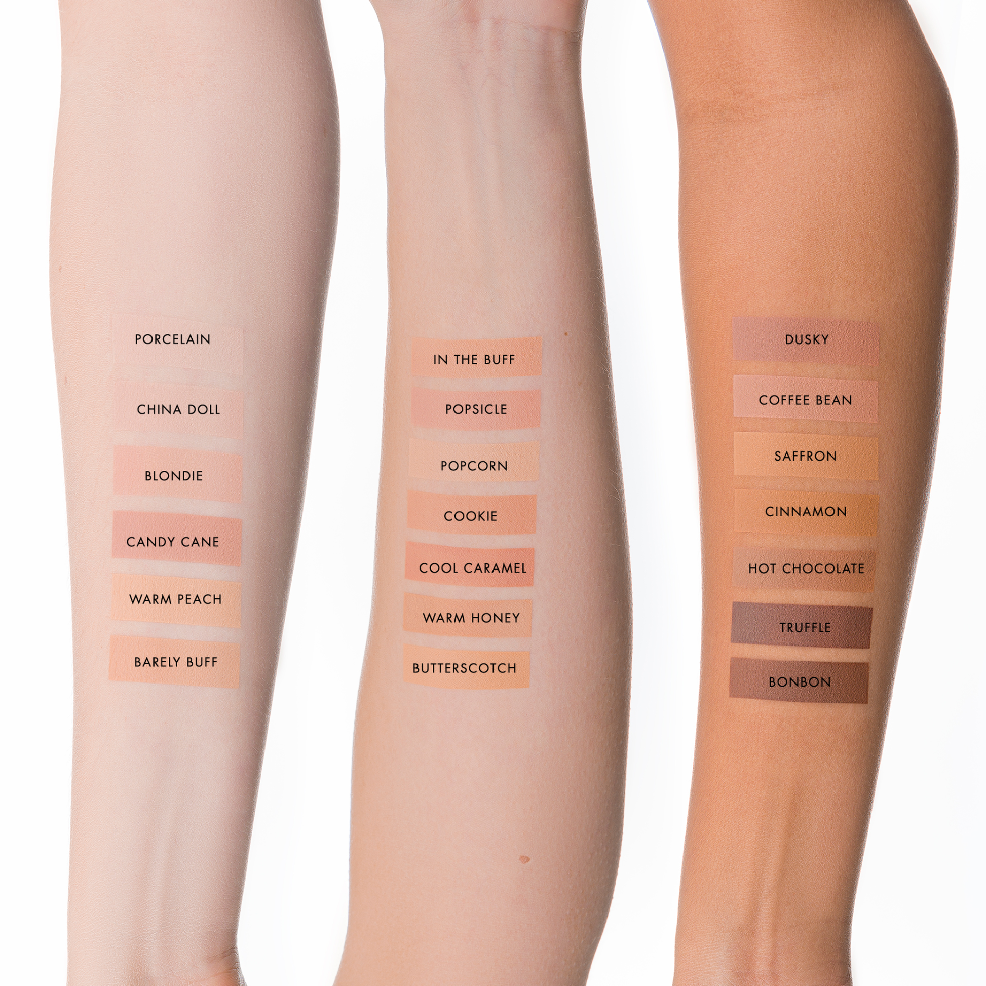 Lily Lolo mineral foundation SPF15 swatches on three arms on a white background