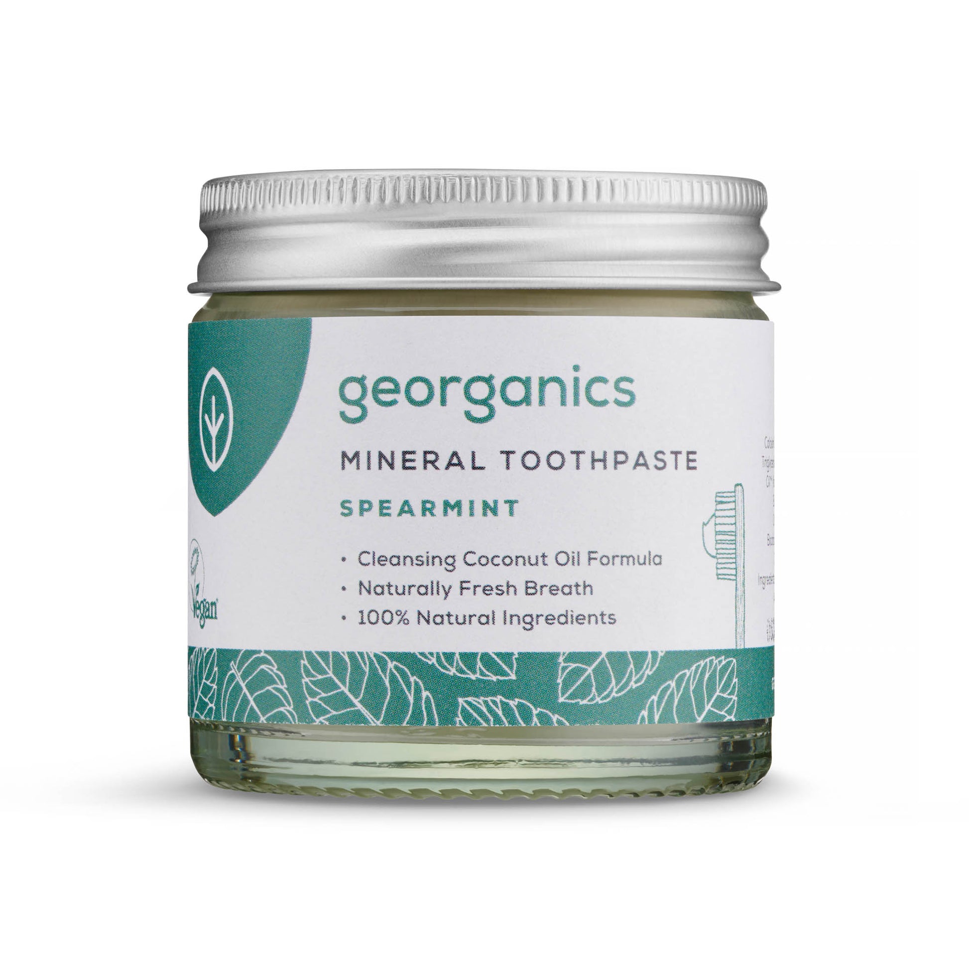 Georganics spearmint mineral toothpaste jar with a white background