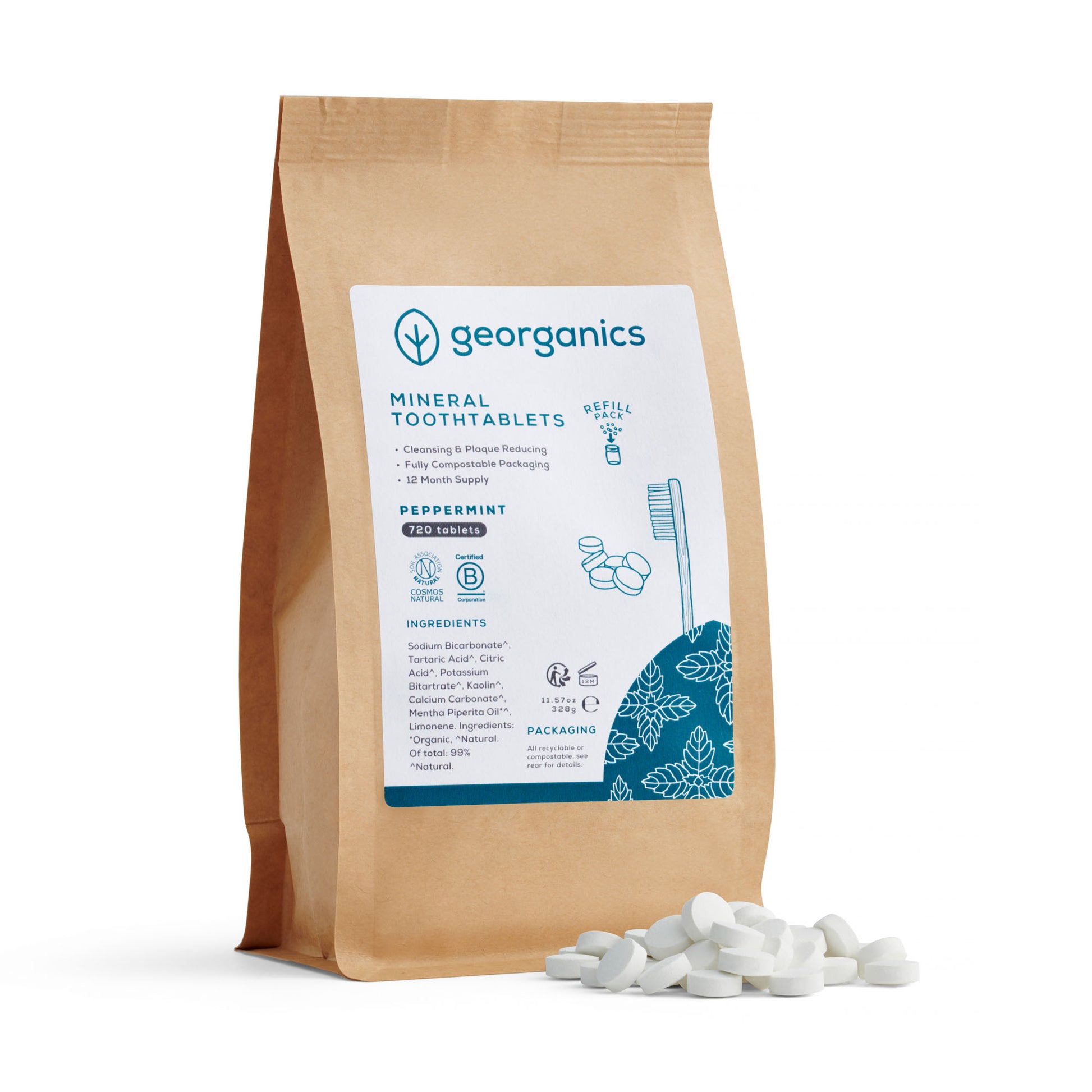 Bag of georganics english peppermint mineral tooth tablets with packaging on a white background