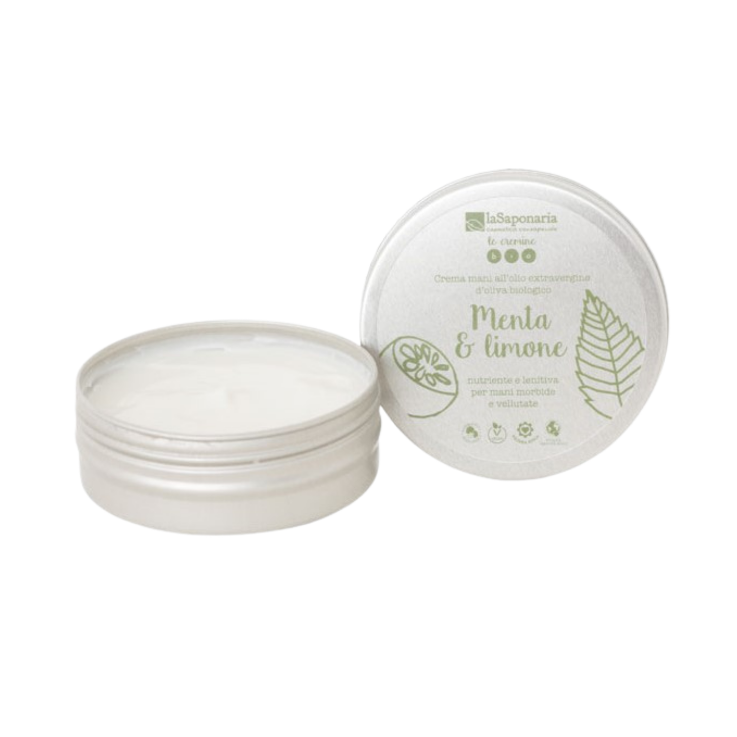 Aluminum tin with lid featuring la saponaria mint & lemon hand cream on a white background