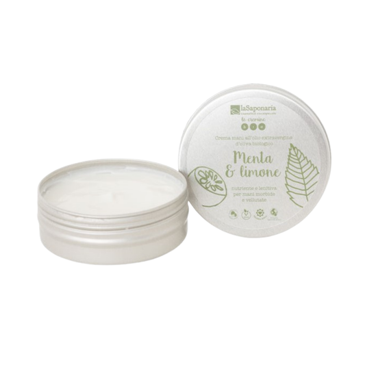 Aluminum tin with lid featuring la saponaria mint & lemon hand cream on a white background