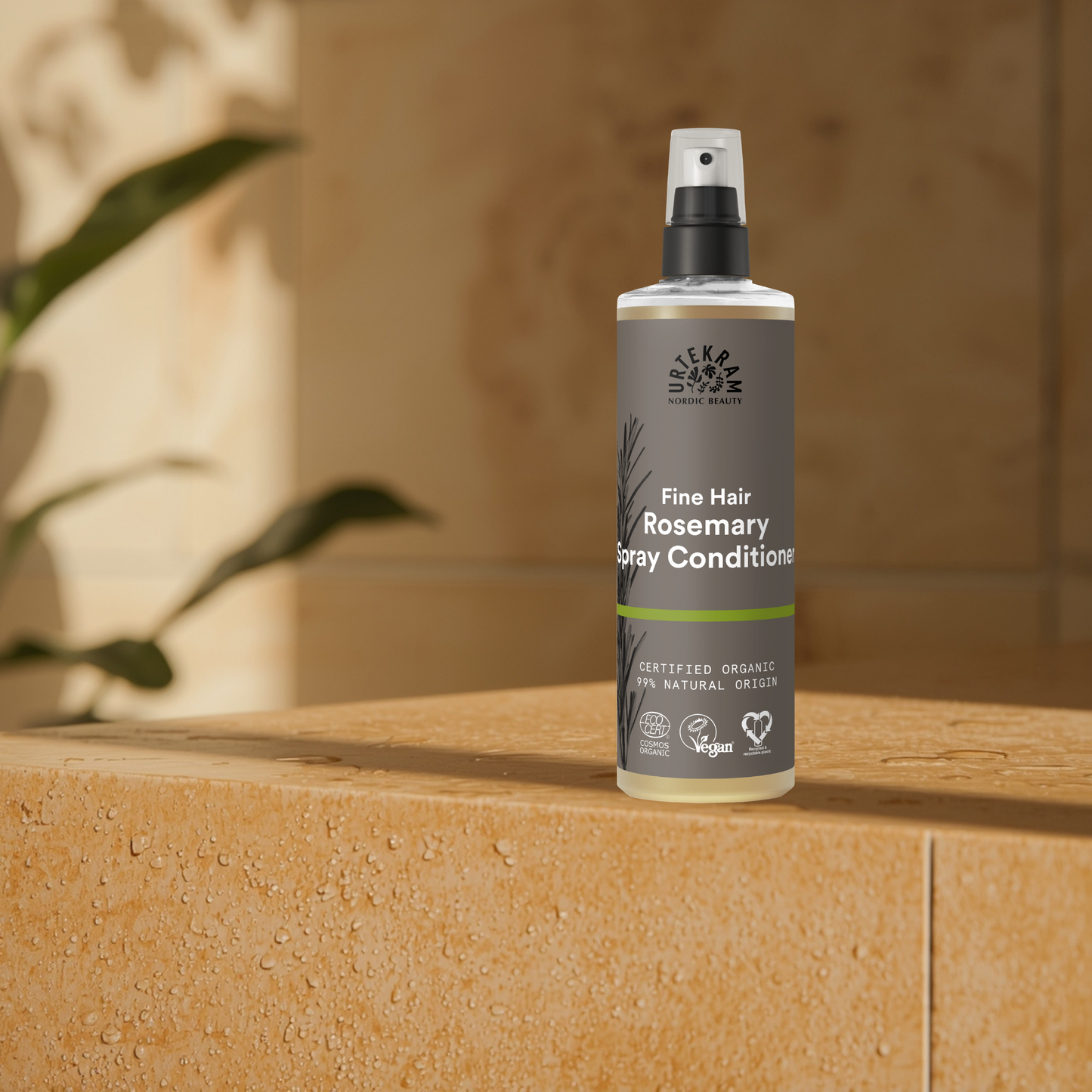 Bottle of 'Fine Hair Rosemary Spray Conditioner' on a wooden surface with a plant in the background