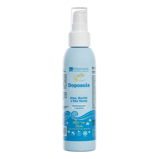 La Saponaria after sun body lotion spray bottle with white nozzle on a white background