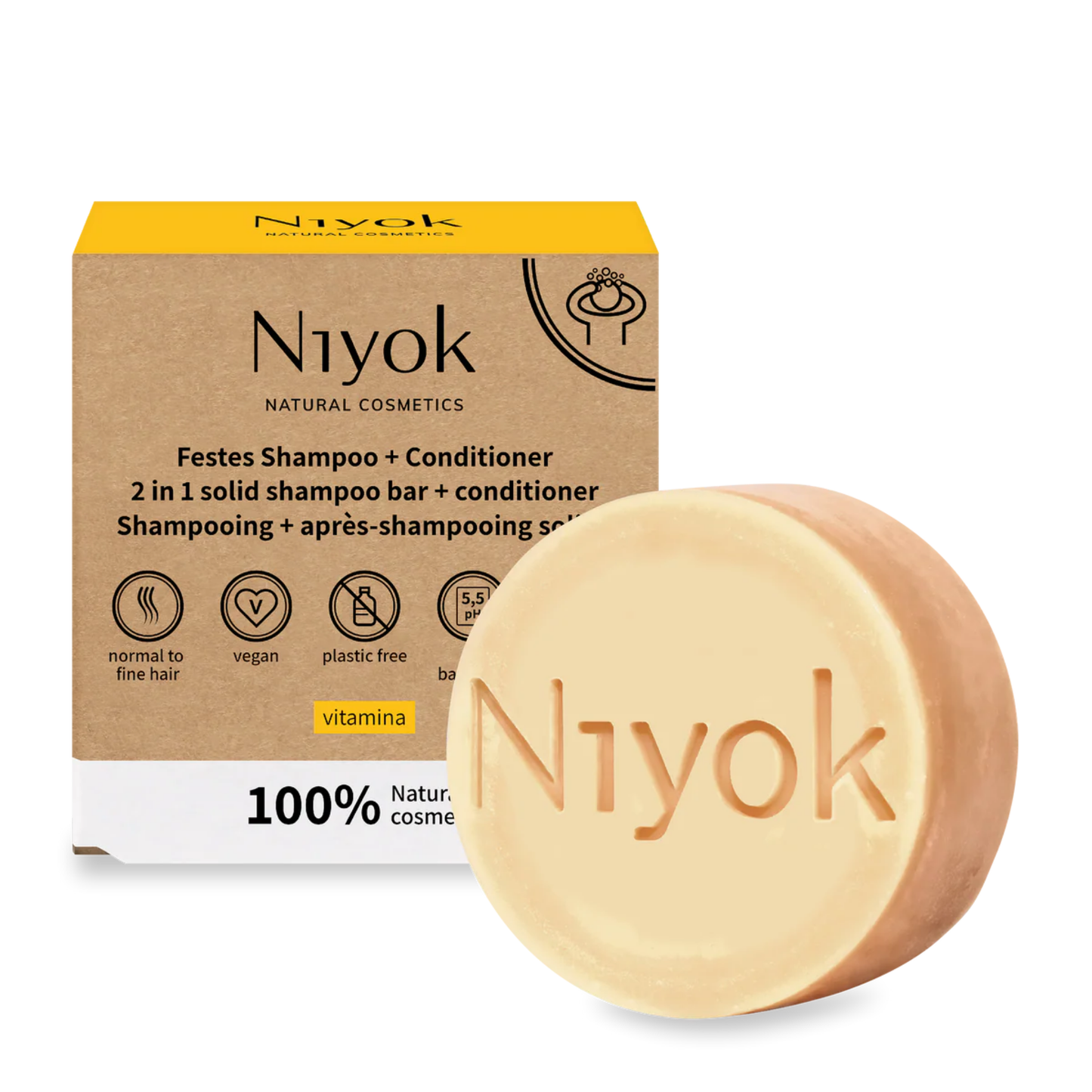 Niyok vitamina citrus natural shampoo and conditioner bar with packaging on a white background