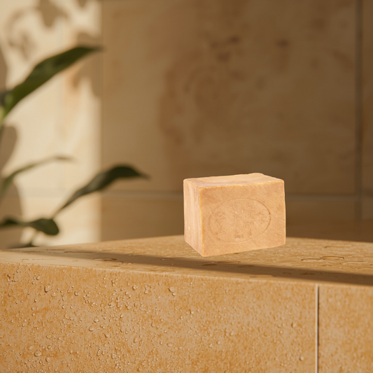 Aleppo 6% bar soap on a stone surface with a blurred background