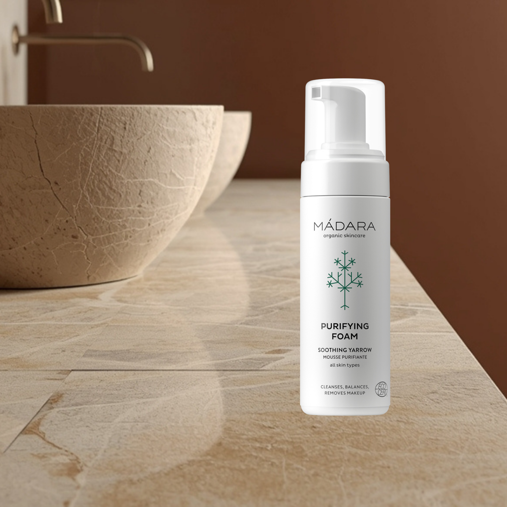 MADARA Purifying Foam bottle on a bathroom counter with a neutral background