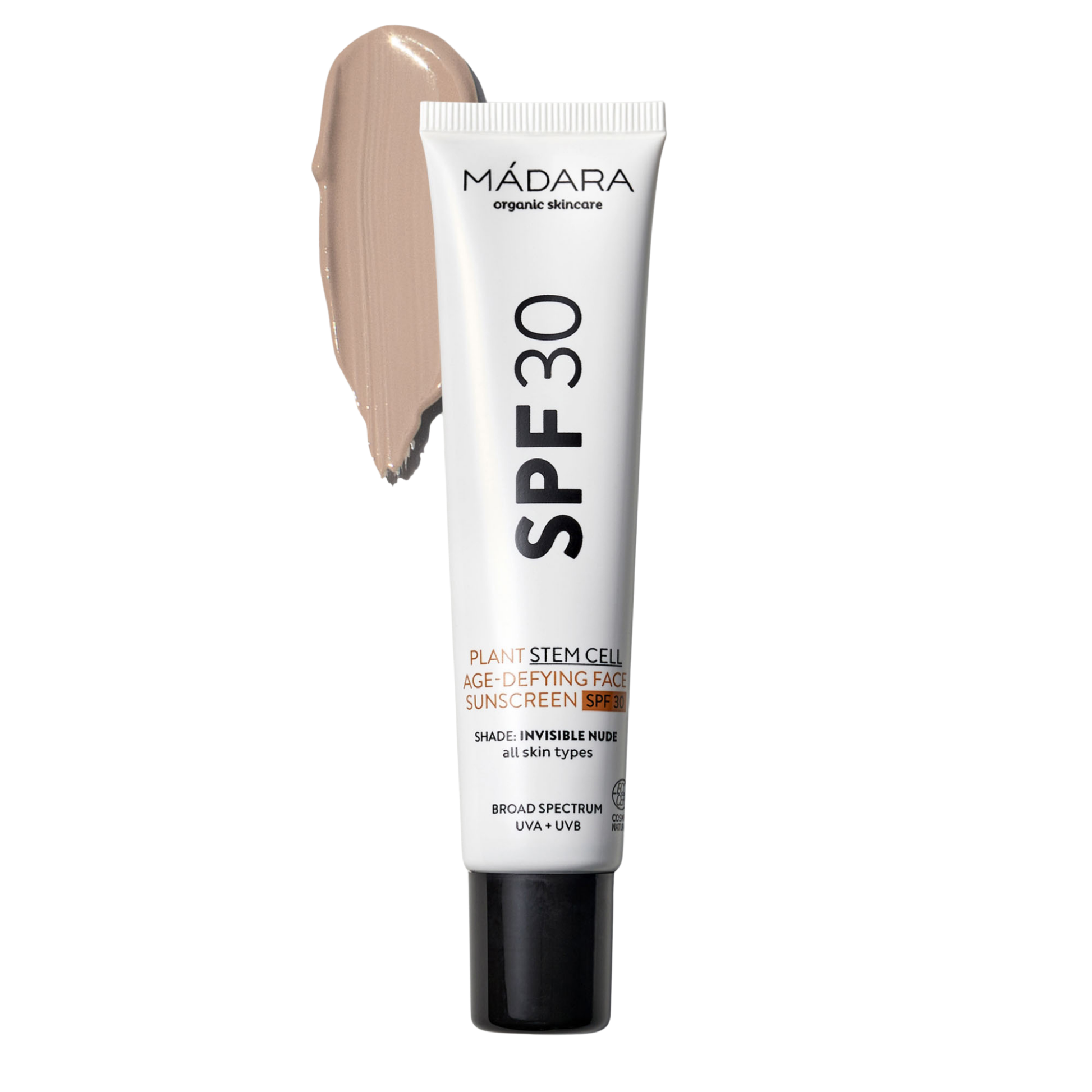 Mádara SPF 30 sunscreen tube on a white background