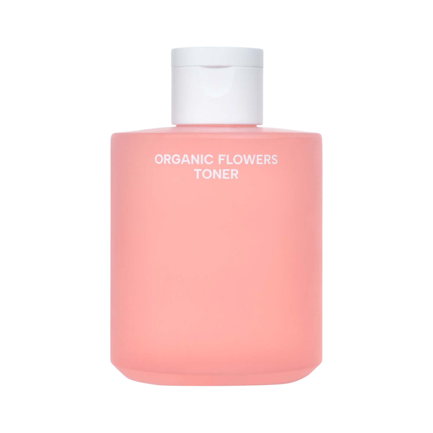 Pink bottle of Whamisa Organic Flowers Toner with a white cap on a white background