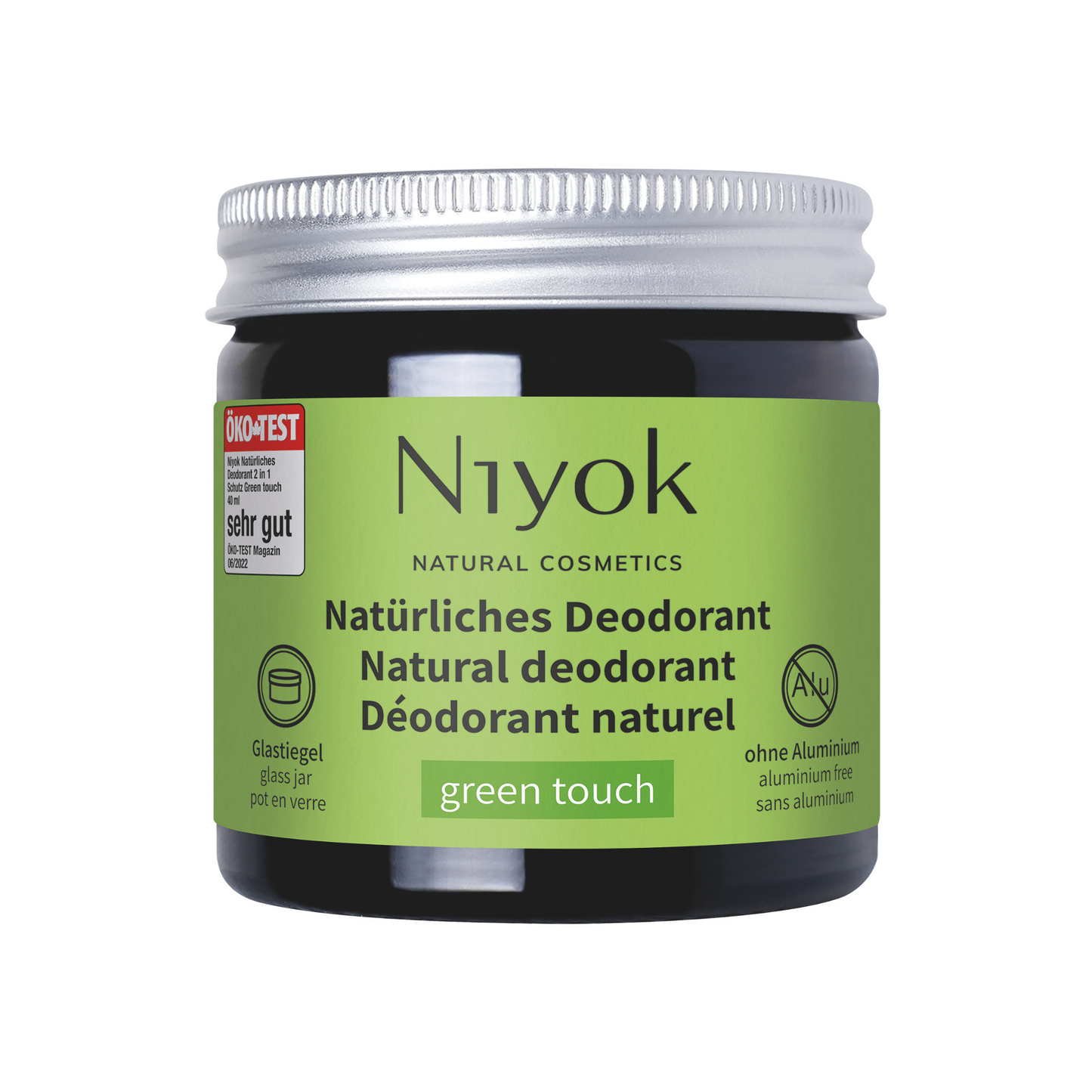 Niyok green touch natural deodorant jar with green label on a white background