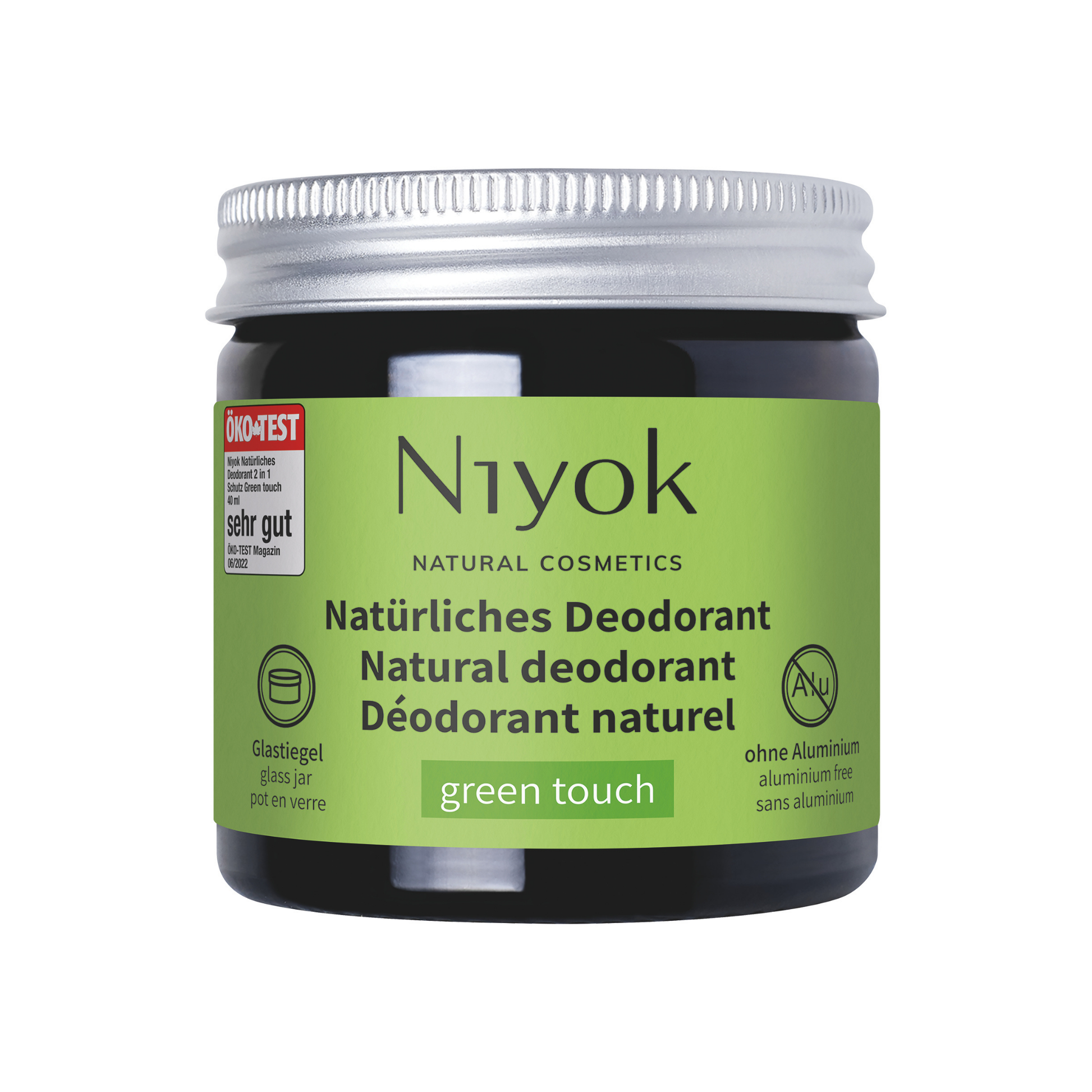 Niyok green touch natural deodorant jar with green label on a white background