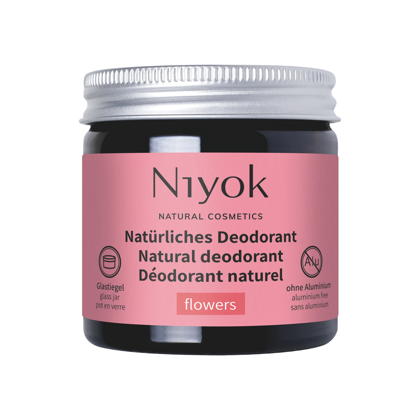 Niyok flowers natural deodorant jar with pink label on a white background
