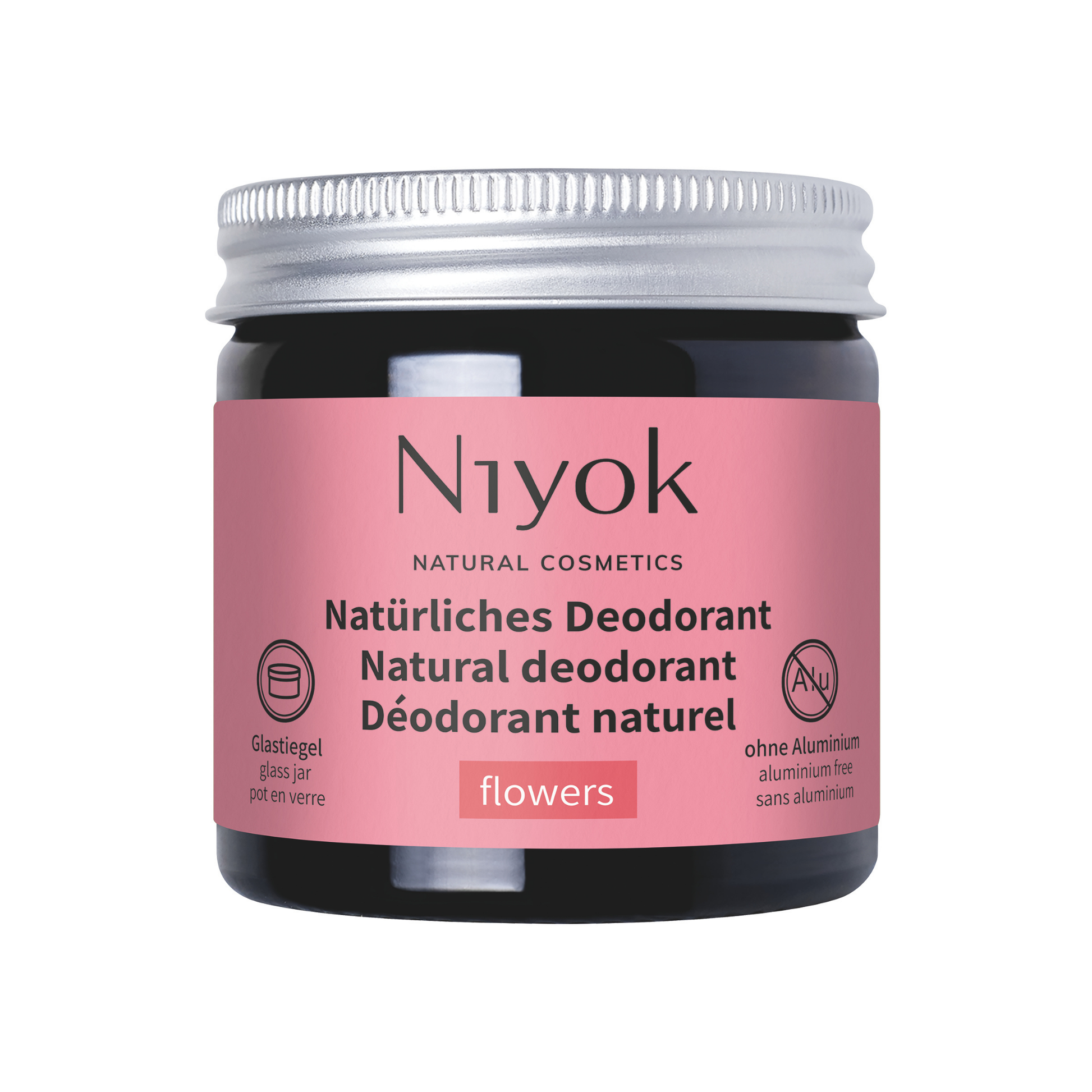 Niyok flowers natural deodorant jar with pink label on a white background