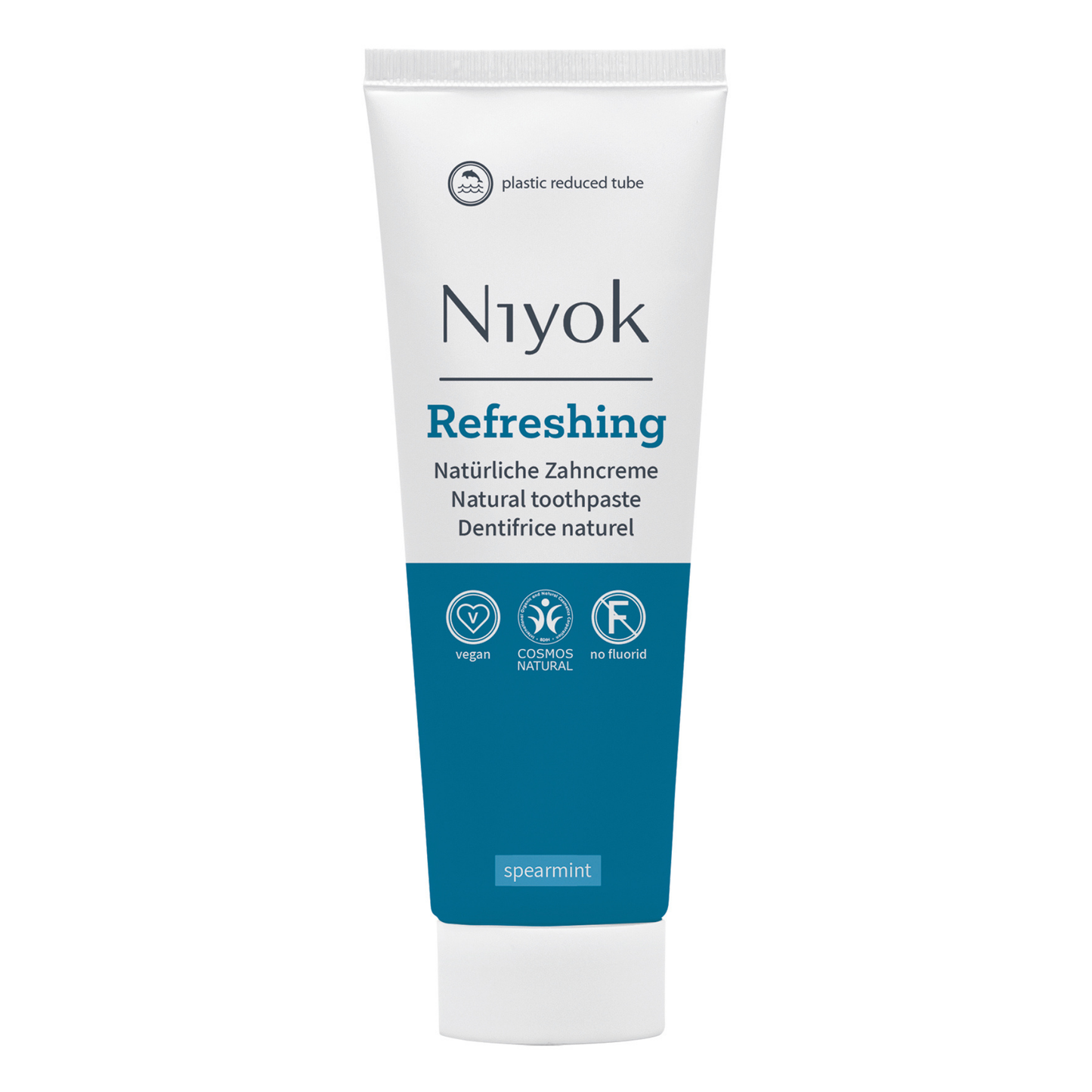Niyok refreshing natural toothpaste tube on a white background