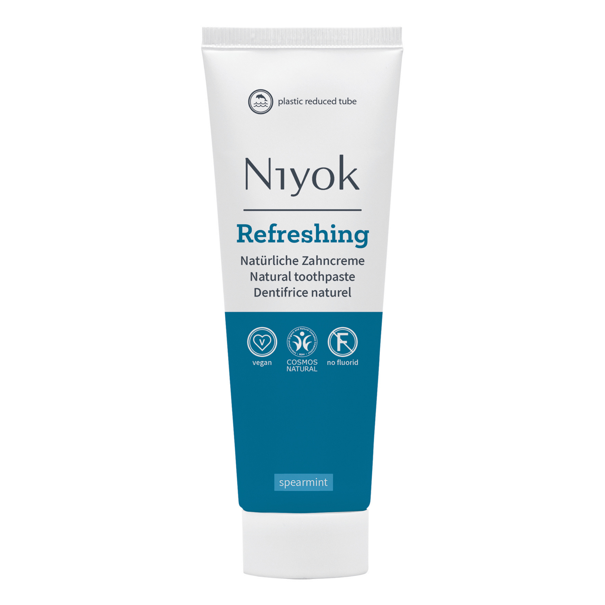 Niyok refreshing natural toothpaste tube on a white background