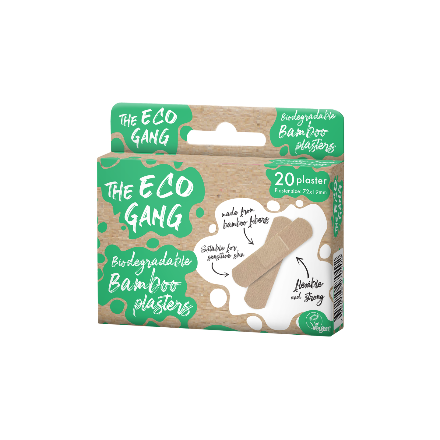 Box of 'The Eco Gang' bamboo plasters on a white background