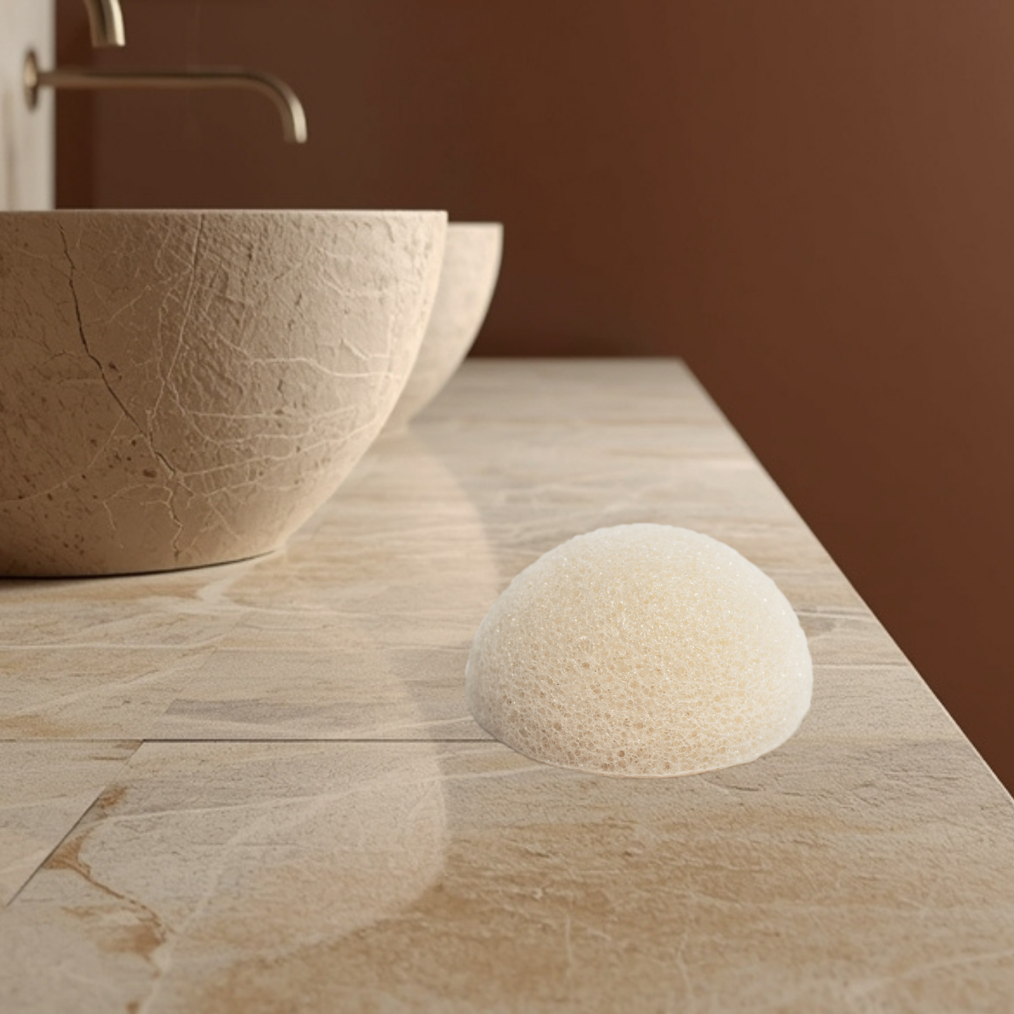 Round beige konjac sponge of The Eco Gang on a bathroom counter