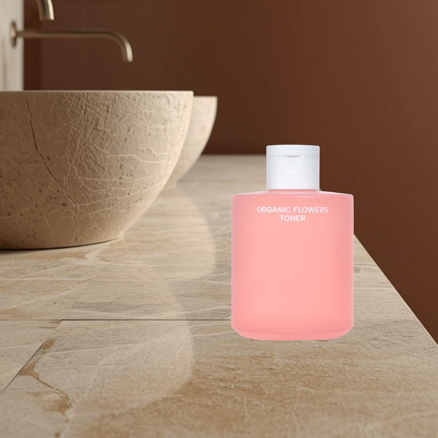 Pink bottle of Whamisa 'Organic Flowers Toner' on a bathroom counter with a stone sink.