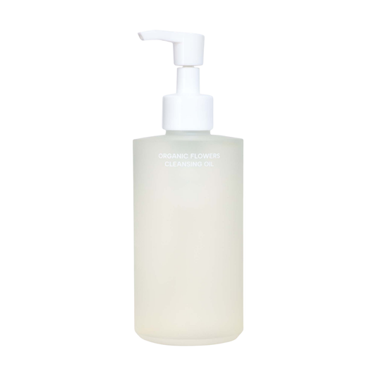 Whamisa organic flowers cleansing oil pump bottle on a white background