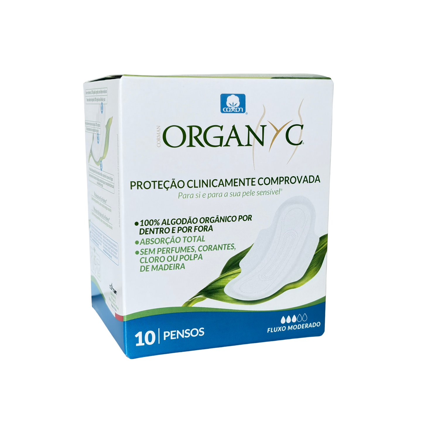 Box of Organyc moderate pads on a white background