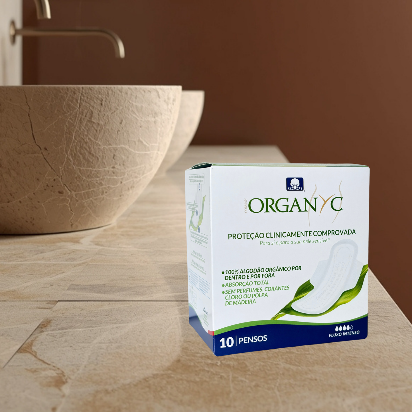 Organyc heavy pads on a bathroom counter