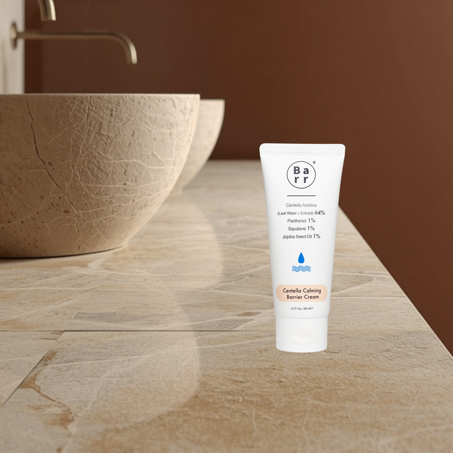 Barr Centella Calming Barrier Cream on a bathroom counter with a brown wall and sink in the background