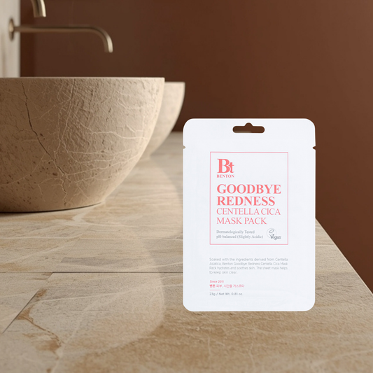 Benton Goodbye Redness Centella Cica Mask Pack on a bathroom counter.