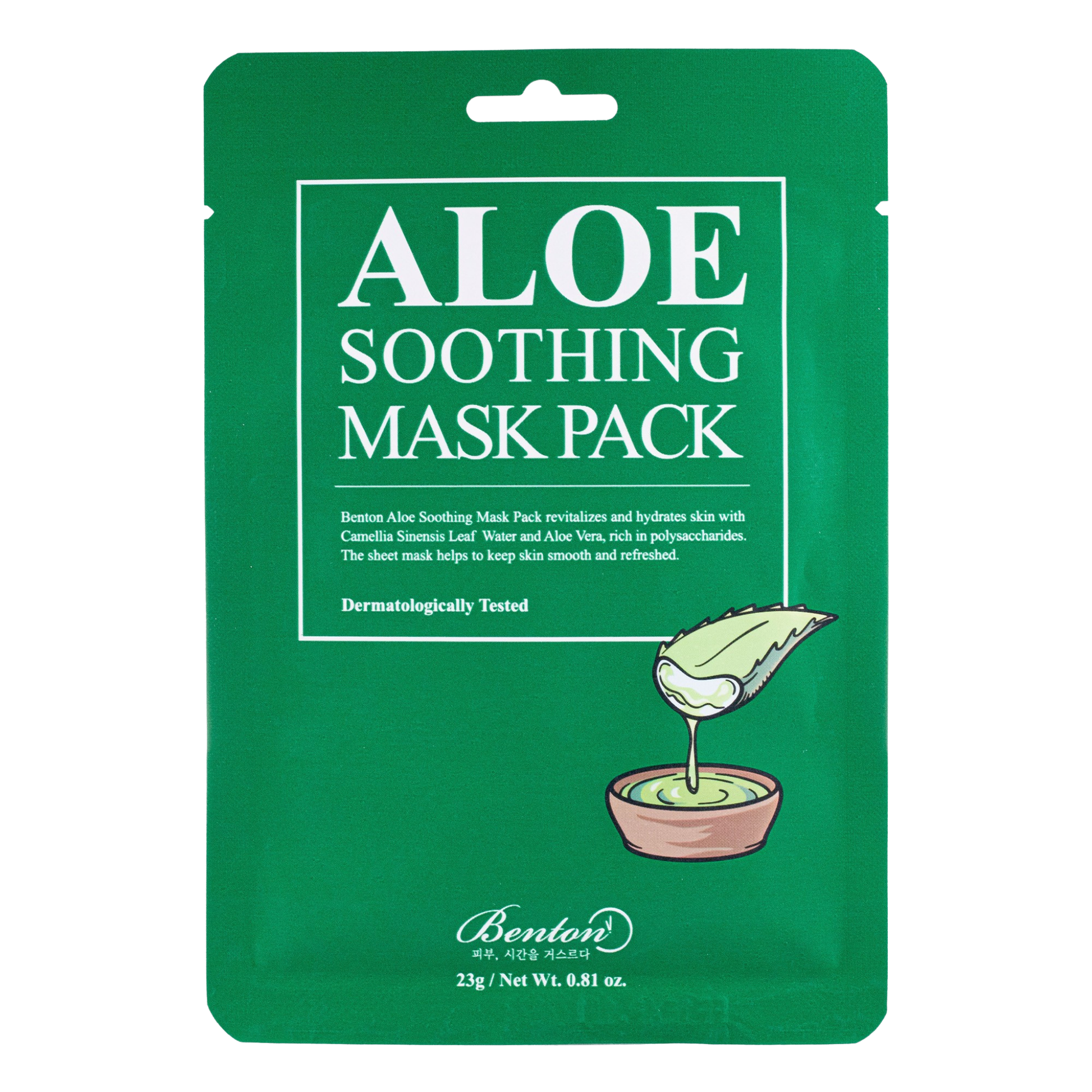 Green aloe soothing mask pack with Benton logo on a white background