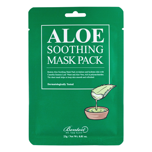 Green aloe soothing mask pack with Benton logo on a white background