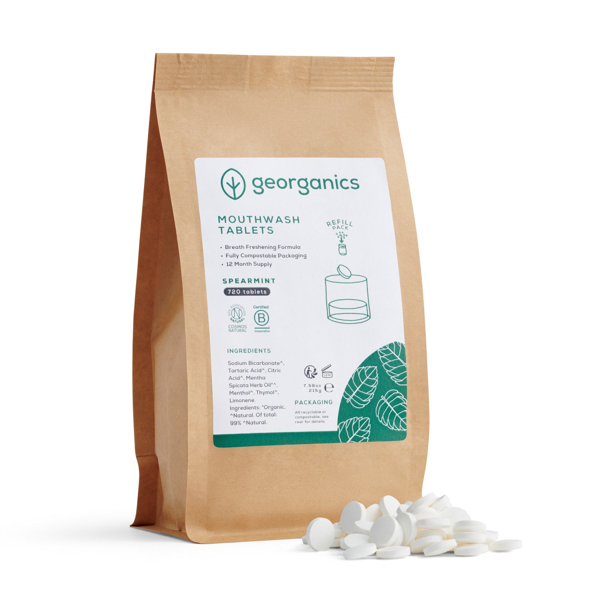 Georganics spearmint mouthwash tablets packaging with tablets on a white background